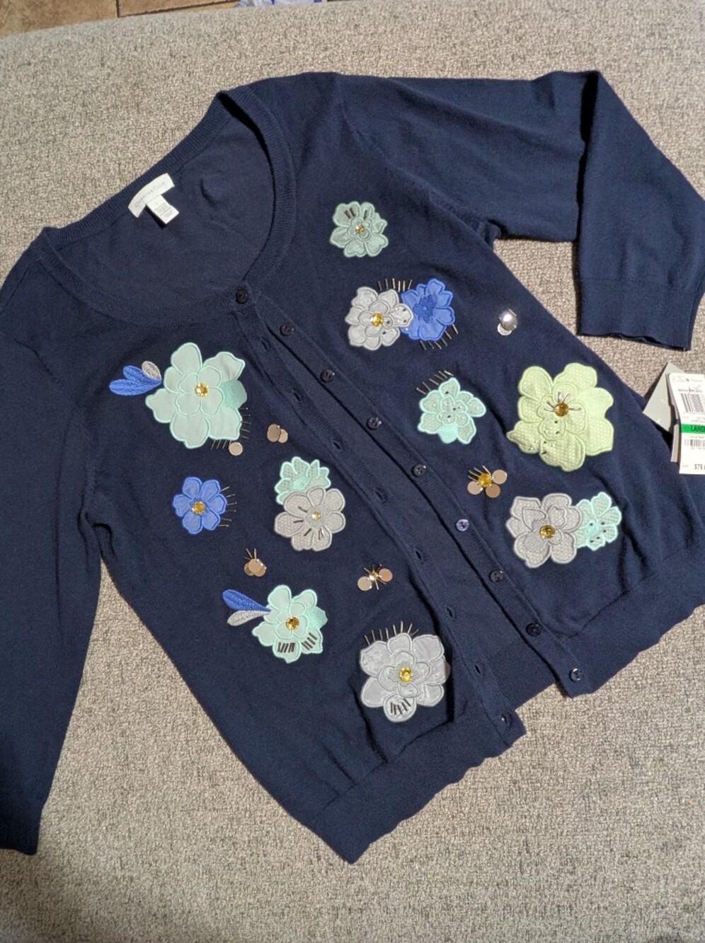 Charter Club Navy Floral Appliqué Button-Front Cardigan size L
